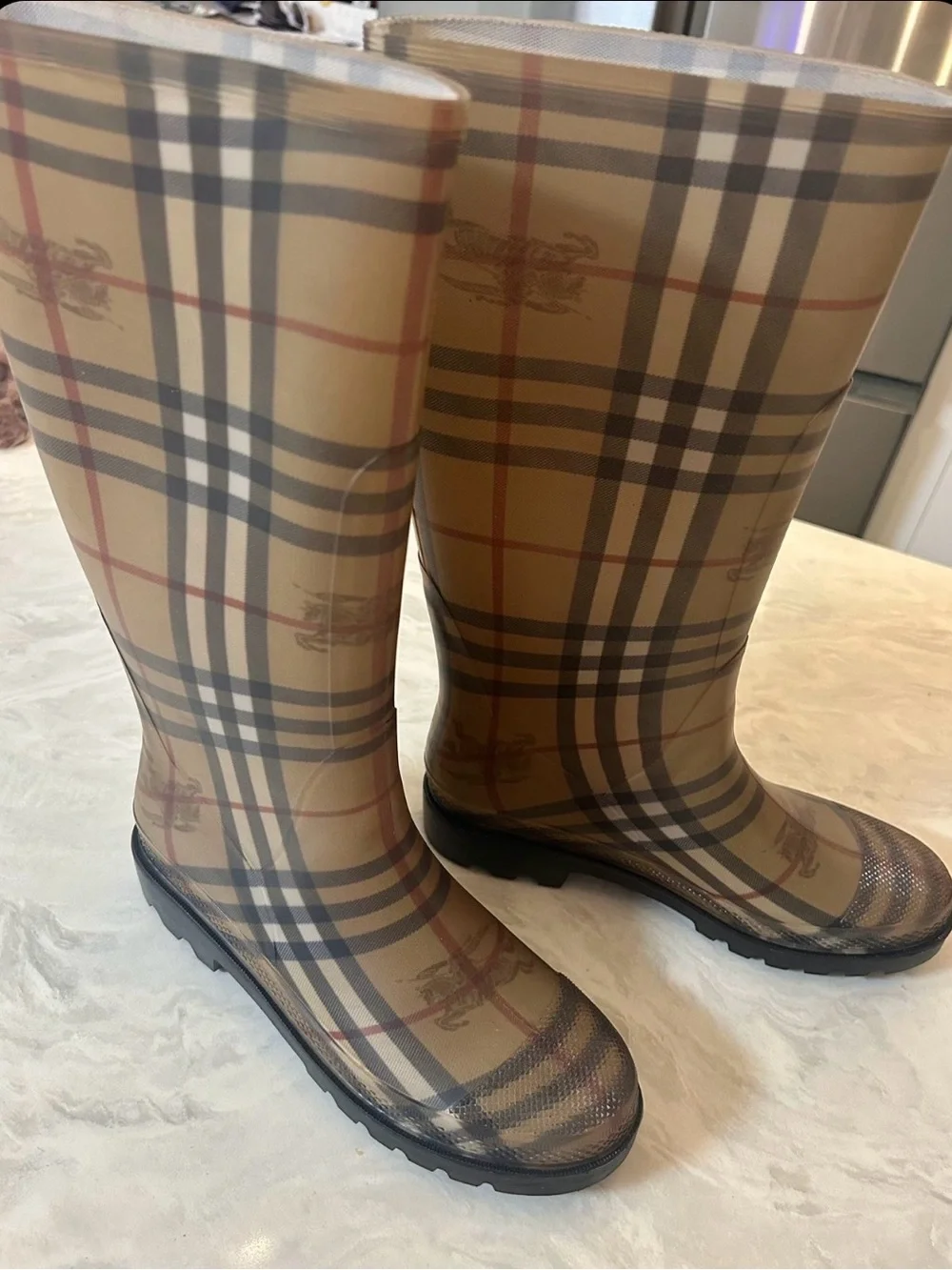 Burberry Beige Plaid Rubber Rain Boots